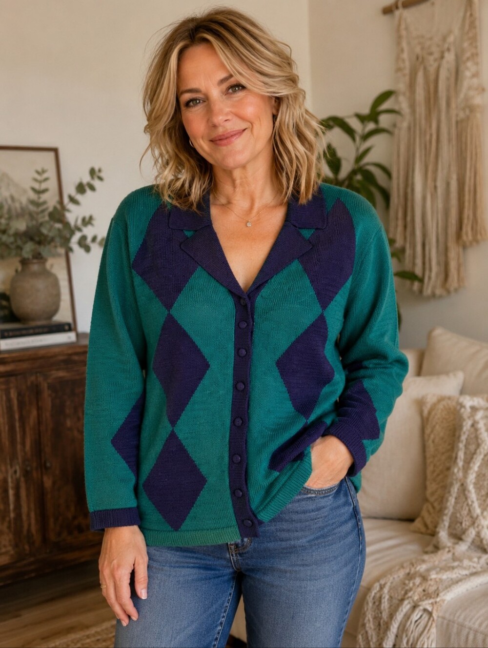 Bleyle Vintage Argyle Knit 100% Merino Wool Cardigan Sweater Size Small Blue